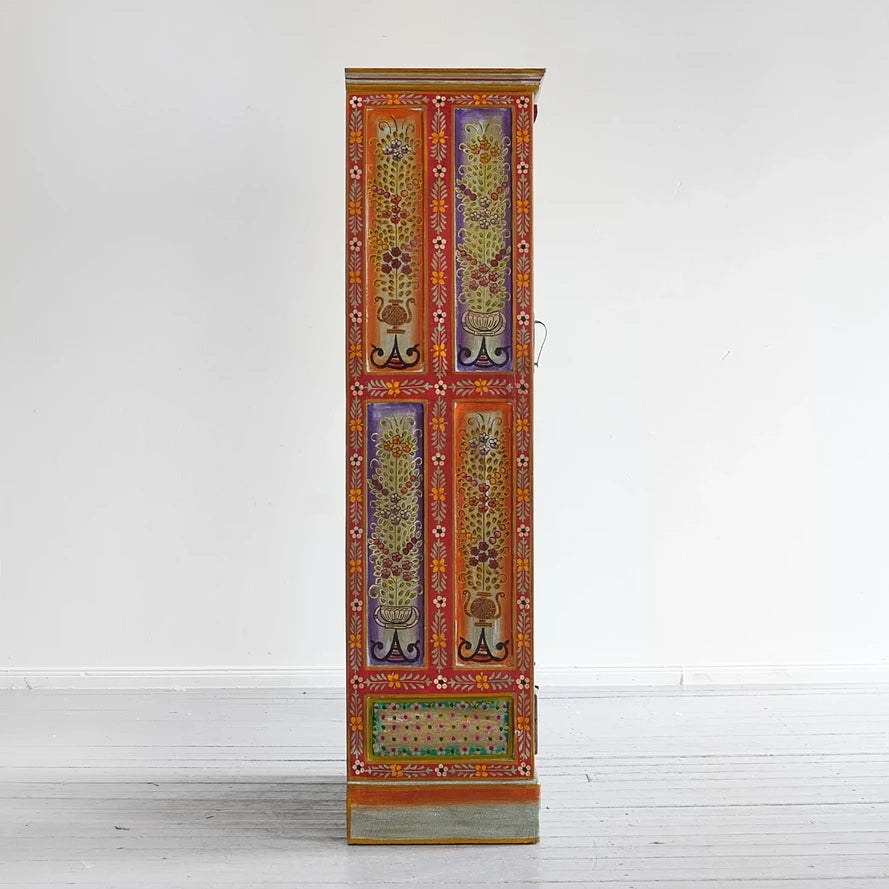 Mehendi Art Painted Mango Wood Cabinet - Handcrafted 182cm Multicolor Solid Wood Wardrobe