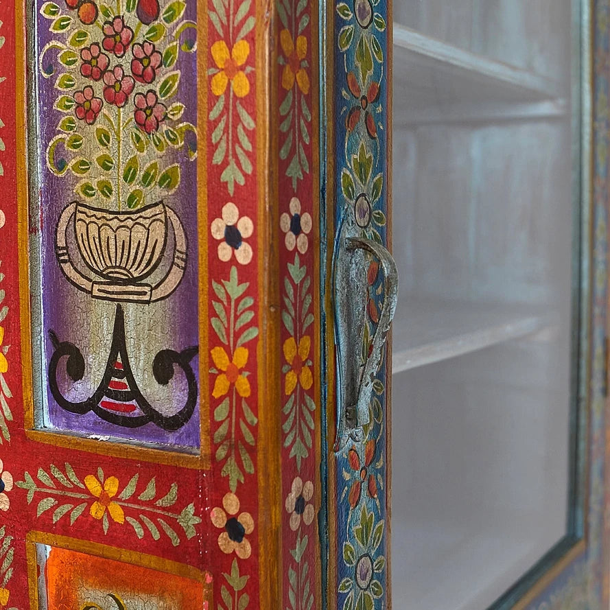 Mehendi Art Painted Mango Wood Cabinet - Handcrafted 182cm Multicolor Solid Wood Wardrobe