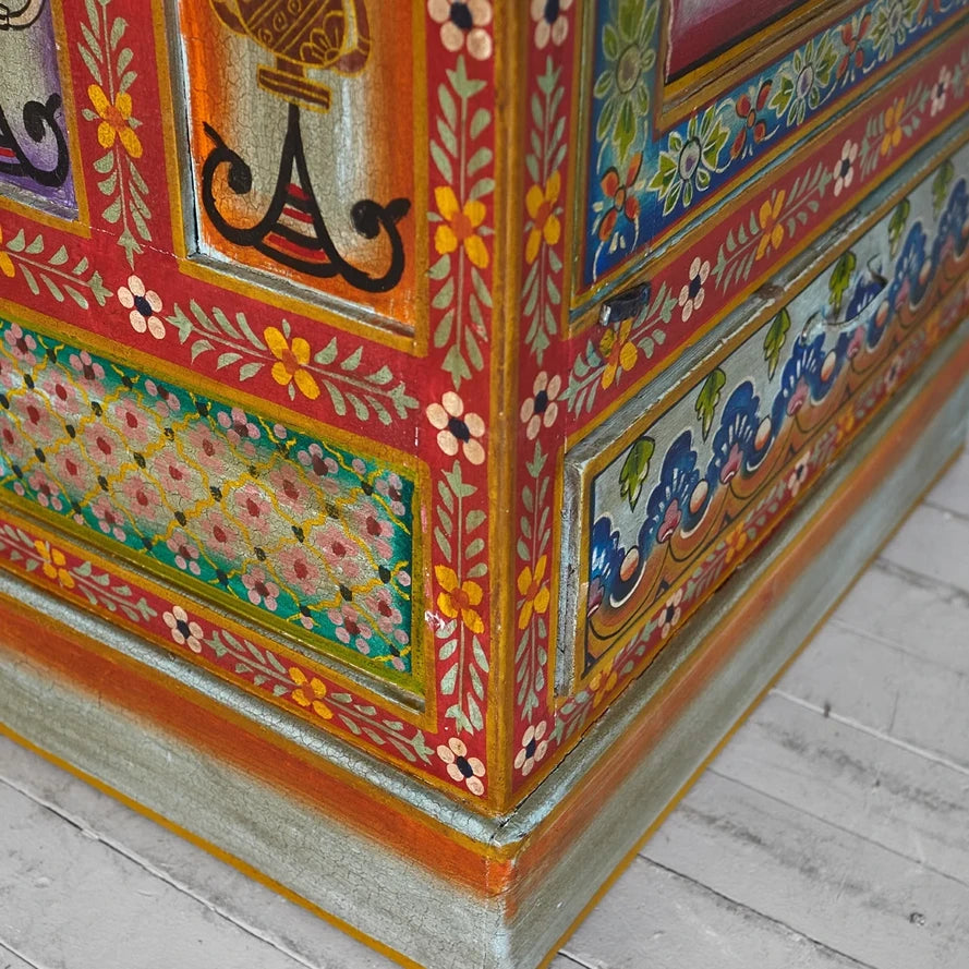 Mehendi Art Painted Mango Wood Cabinet - Handcrafted 182cm Multicolor Solid Wood Wardrobe
