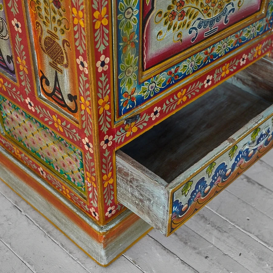 Mehendi Art Painted Mango Wood Cabinet - Handcrafted 182cm Multicolor Solid Wood Wardrobe