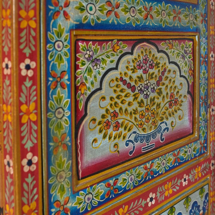 Mehendi Art Painted Mango Wood Cabinet - Handcrafted 182cm Multicolor Solid Wood Wardrobe