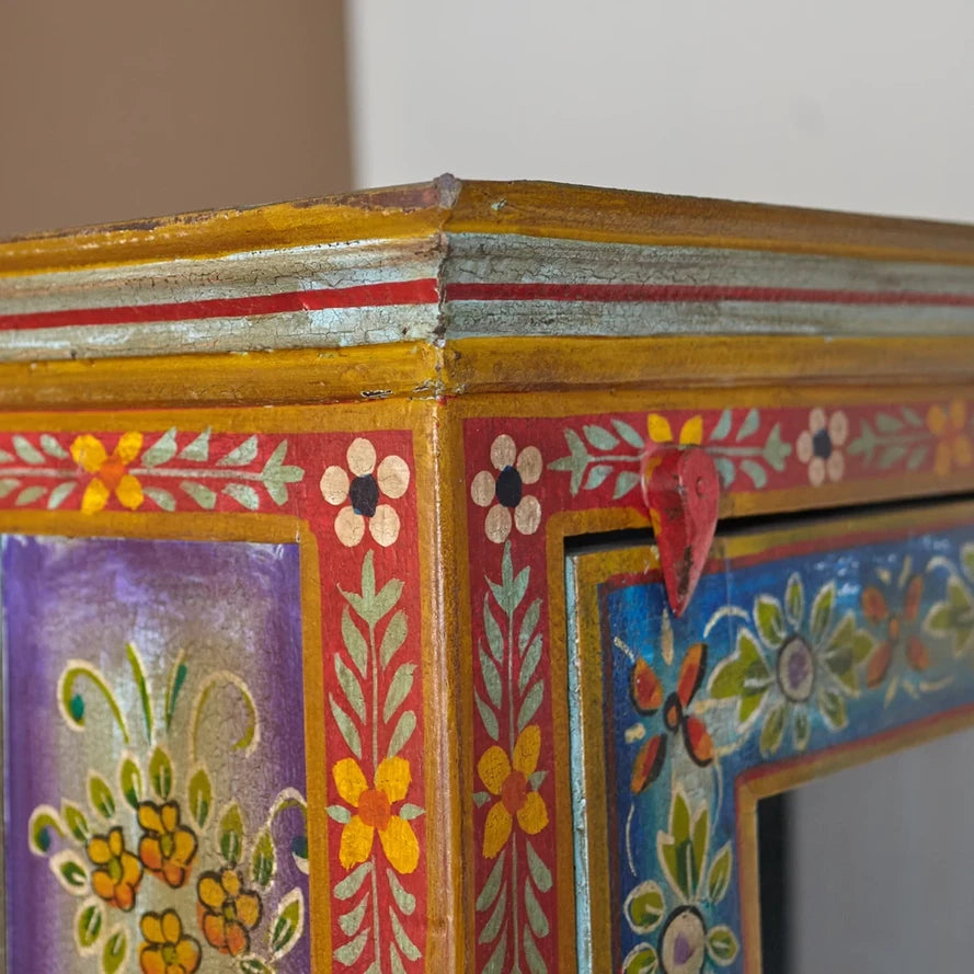 Mehendi Art Painted Mango Wood Cabinet - Handcrafted 182cm Multicolor Solid Wood Wardrobe