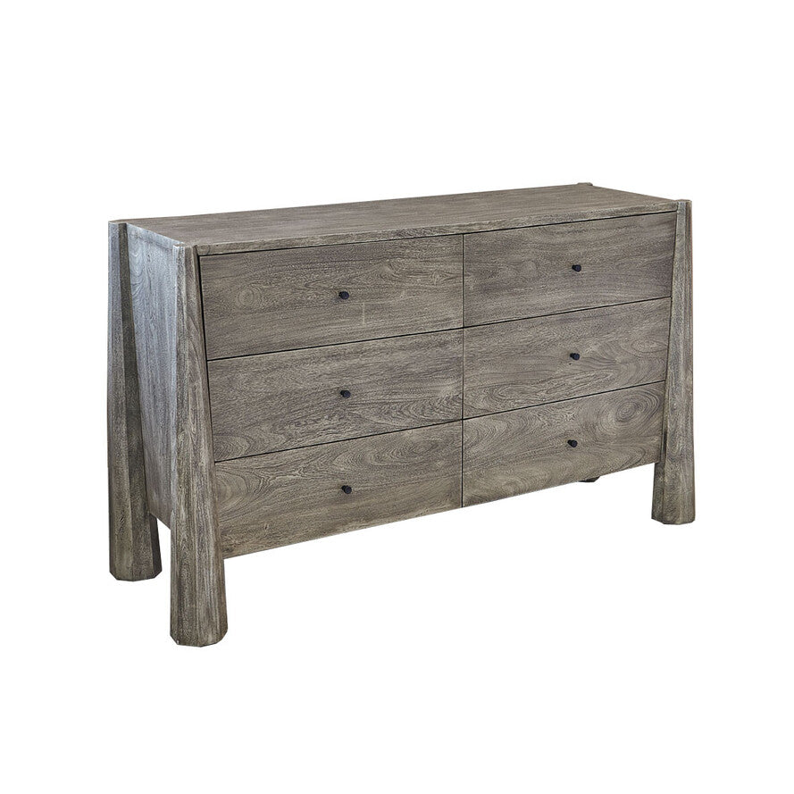 Wooden dresser with six drawers on a white background