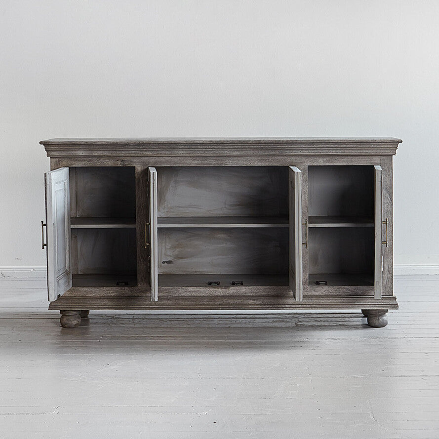 Royal Floral Hand-Carved Mango Wood Sideboard - 180cm Solid Wood 4-Door Sideboard in Distressed Grey