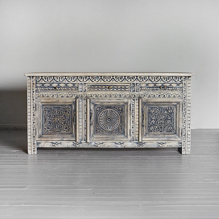 Royal Sunburst Hand-Carved Mango Wood Sideboard - 195cm Extra-Wide Solid Wood 3-Door Cabinet