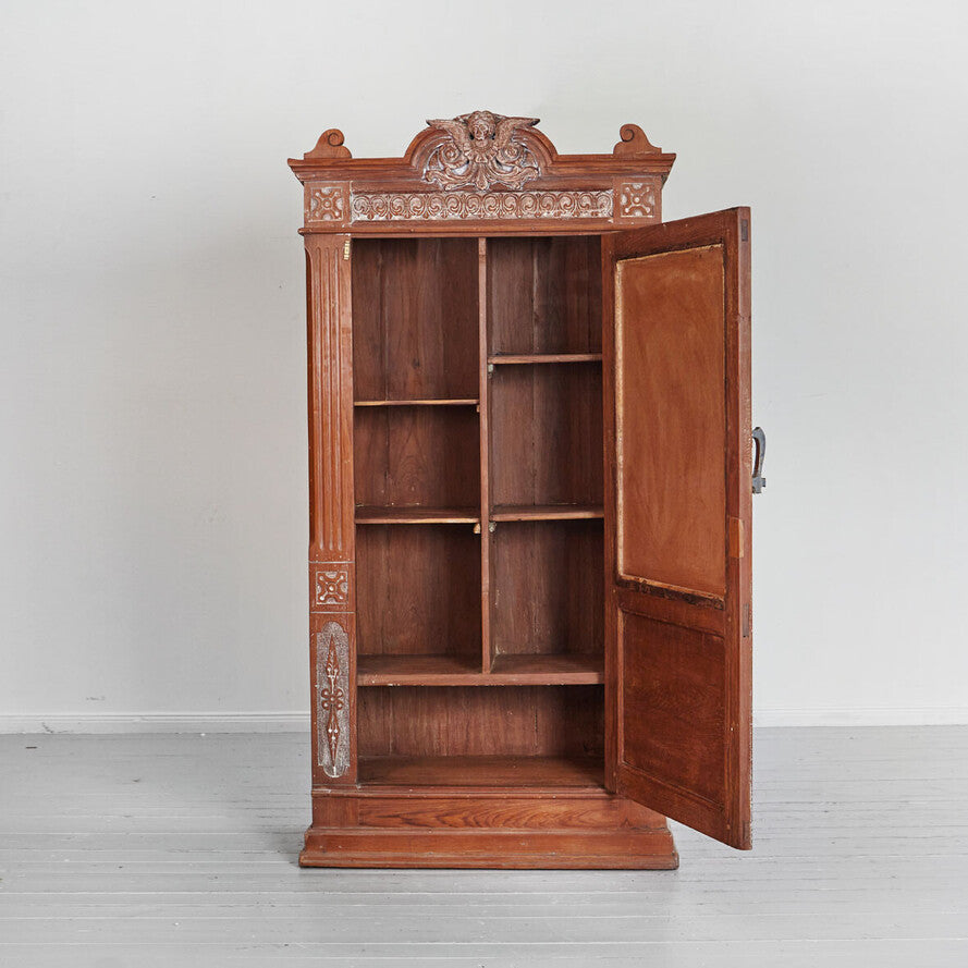 Hand-Carved Mango Wood Cabinet with Mirror - Handcrafted 188cm Solid Wood Wardrobe