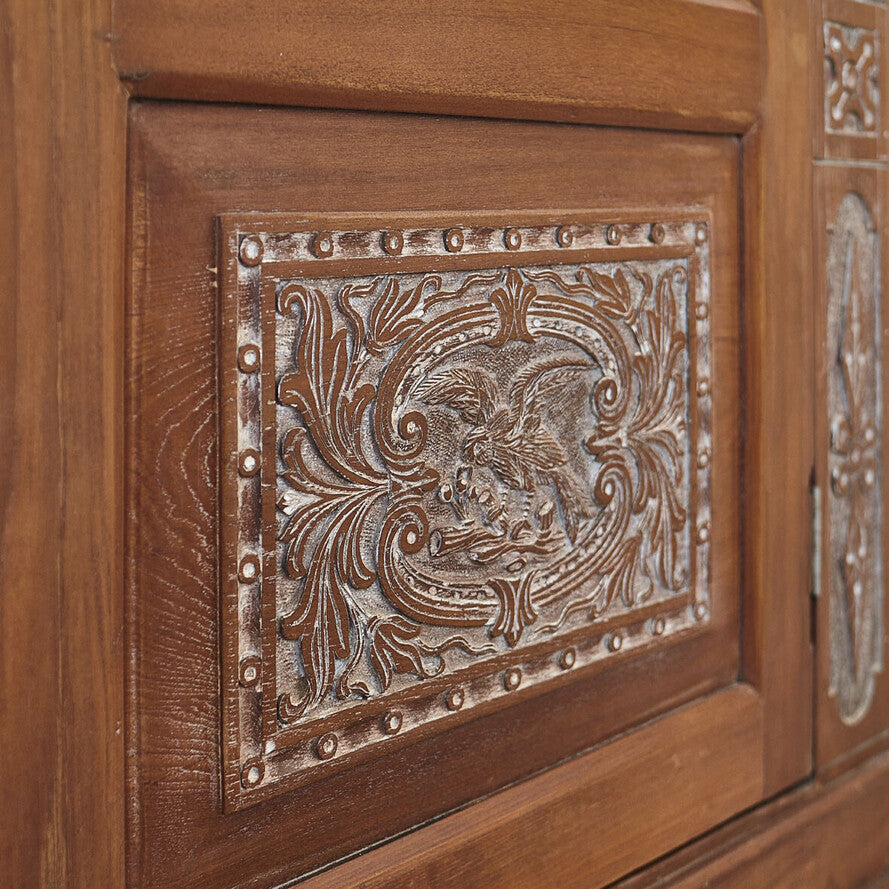 Hand-Carved Mango Wood Cabinet with Mirror - Handcrafted 188cm Solid Wood Wardrobe