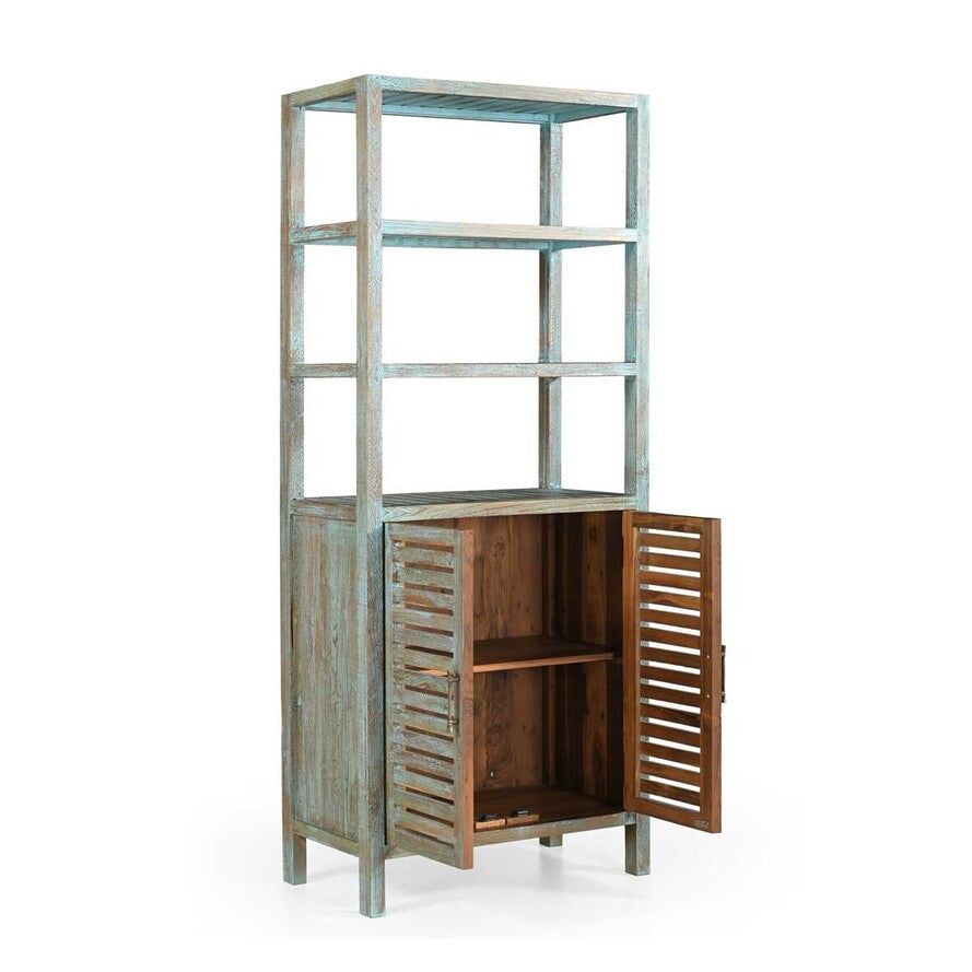 Wooden cabinet with open door on a white background
