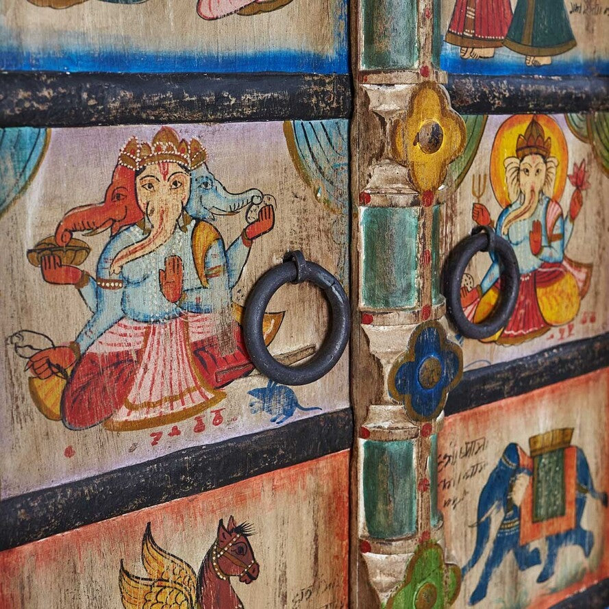 Authentic Hand-Painted Mango Wood Wardrobe - 180cm Multicolor Indian Art Storage Cabinet
