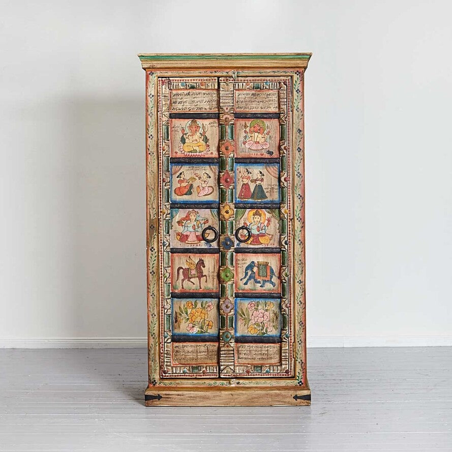 Decorative wooden cabinet with painted scenes on a white background