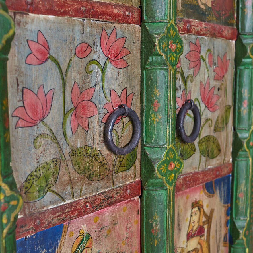Authentic Hand-Painted Mango Wood Cabinet - 180cm Multicolor Indian Art Wardrobe