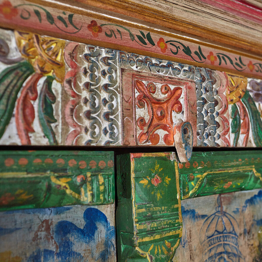 Authentic Hand-Painted Mango Wood Cabinet - 180cm Multicolor Indian Art Wardrobe