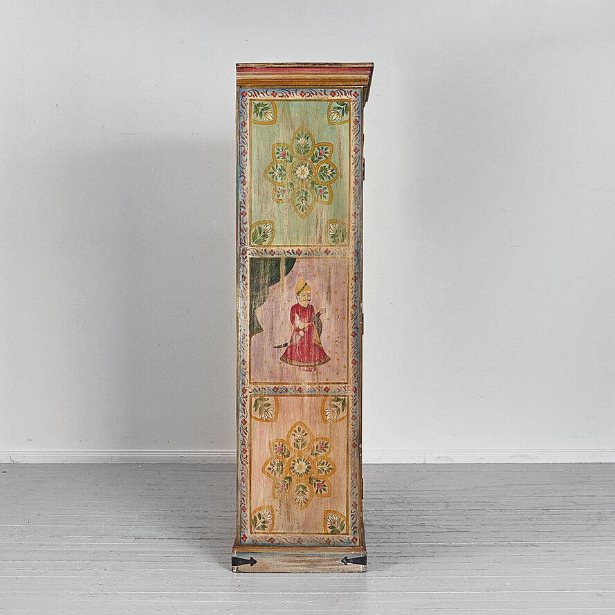 Decorative tall cabinet with floral and portrait designs on a white background