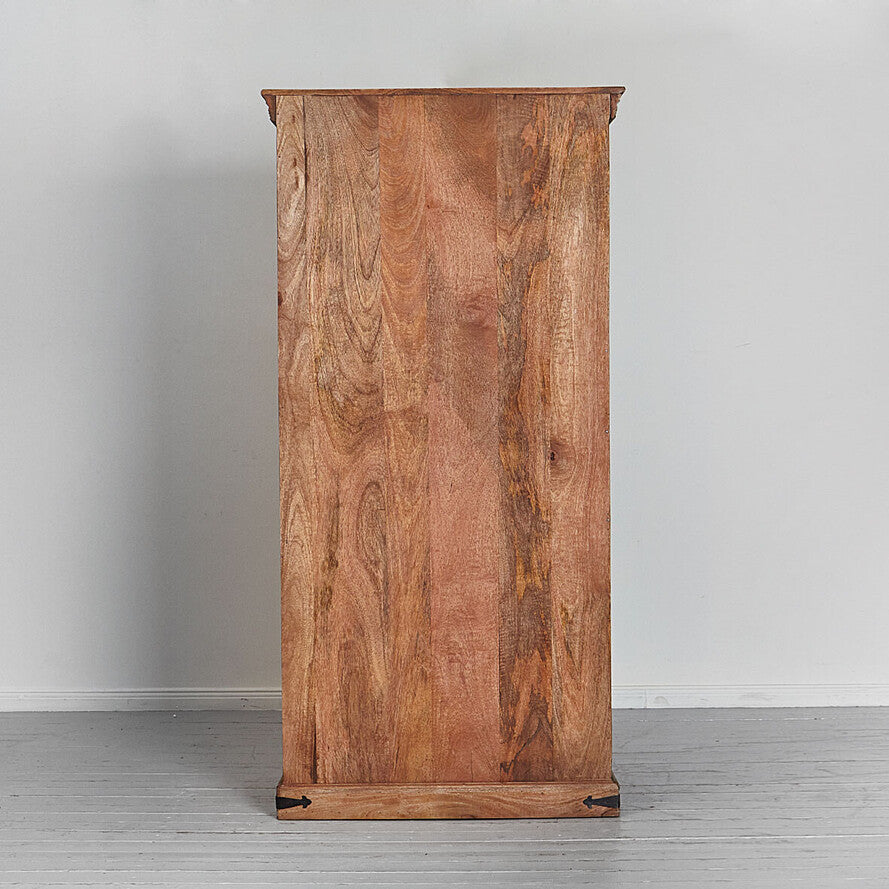 Wooden cabinet with a rustic finish on a plain background