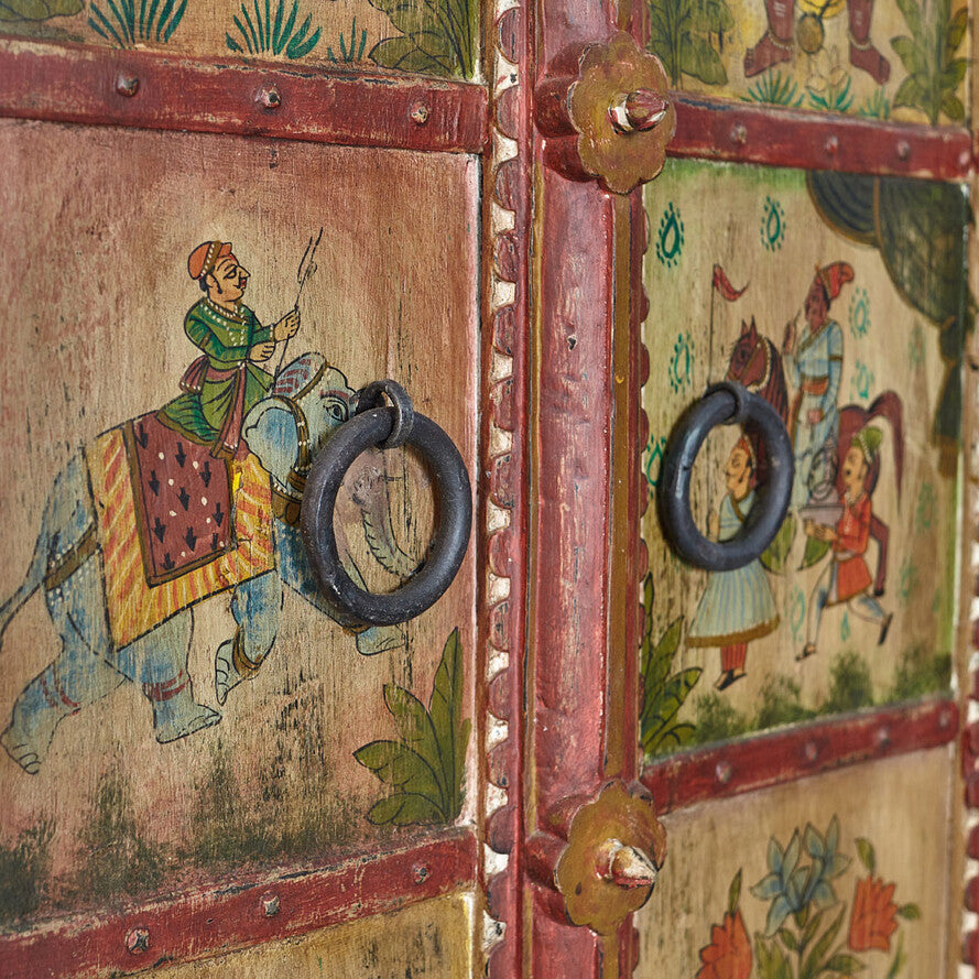 Traditional Painted Mango Wood Cabinet - Handcrafted 180cm Multicolor Indian Wardrobe
