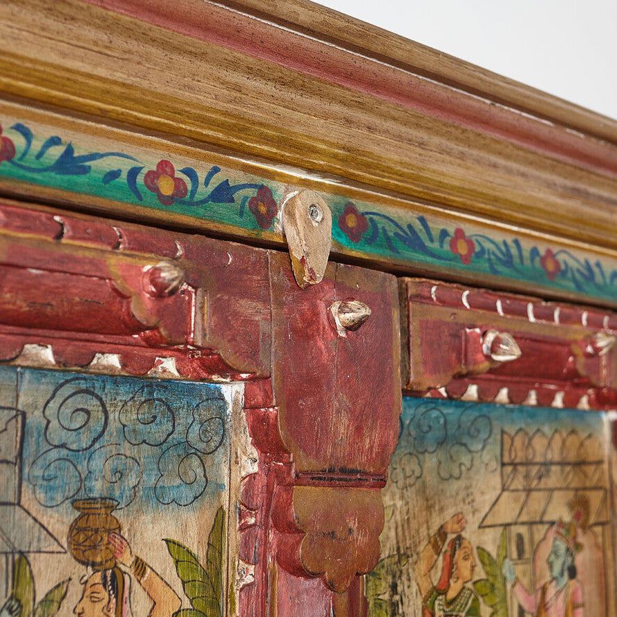 Traditional Painted Mango Wood Cabinet - Handcrafted 180cm Multicolor Indian Wardrobe