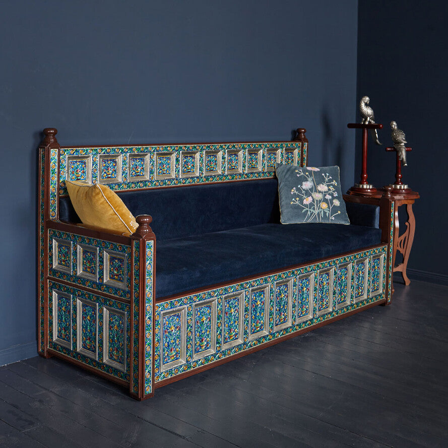 Marrakesh Blue Embossed 3-Seater Sofa - Handcrafted Mango Wood & Metal Clad Luxury Settee