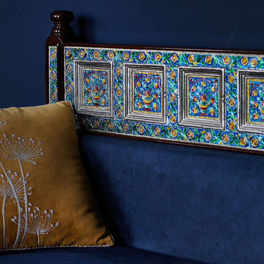 Marrakesh Blue Embossed 3-Seater Sofa - Handcrafted Mango Wood & Metal Clad Luxury Settee