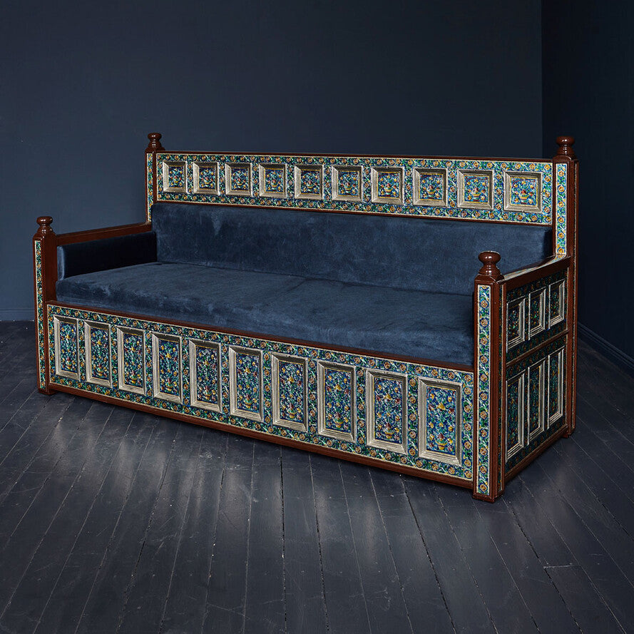 Marrakesh Blue Embossed 3-Seater Sofa - Handcrafted Mango Wood & Metal Clad Luxury Settee