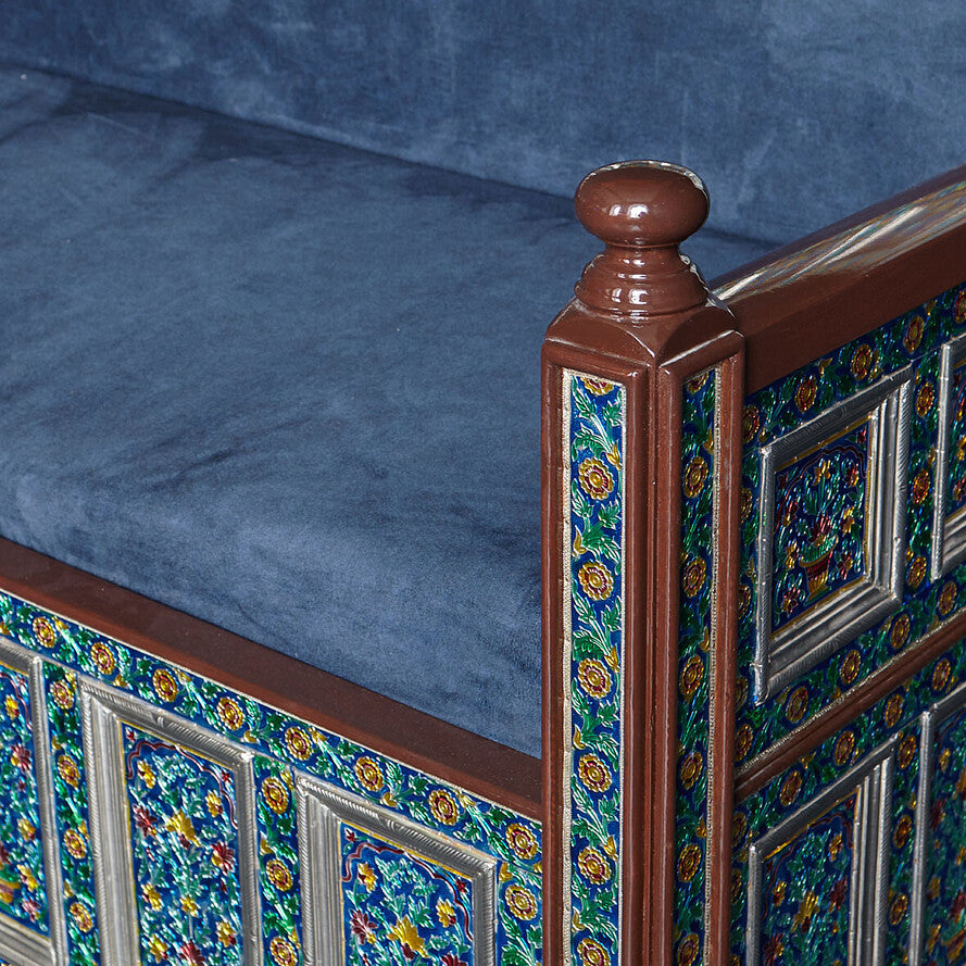 Marrakesh Blue Embossed 3-Seater Sofa - Handcrafted Mango Wood & Metal Clad Luxury Settee