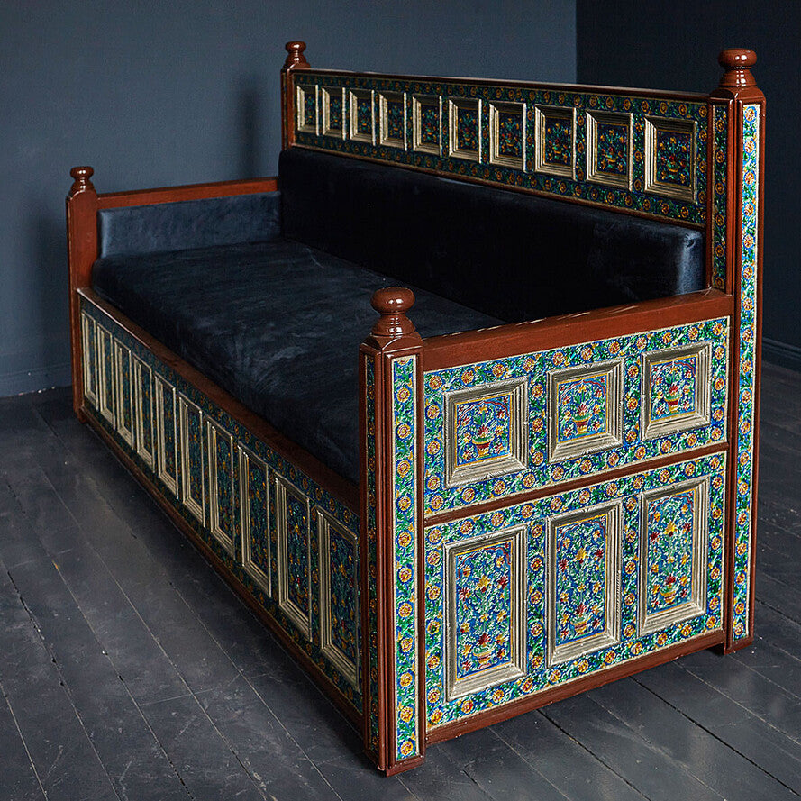 Marrakesh Blue Embossed 3-Seater Sofa - Handcrafted Mango Wood & Metal Clad Luxury Settee