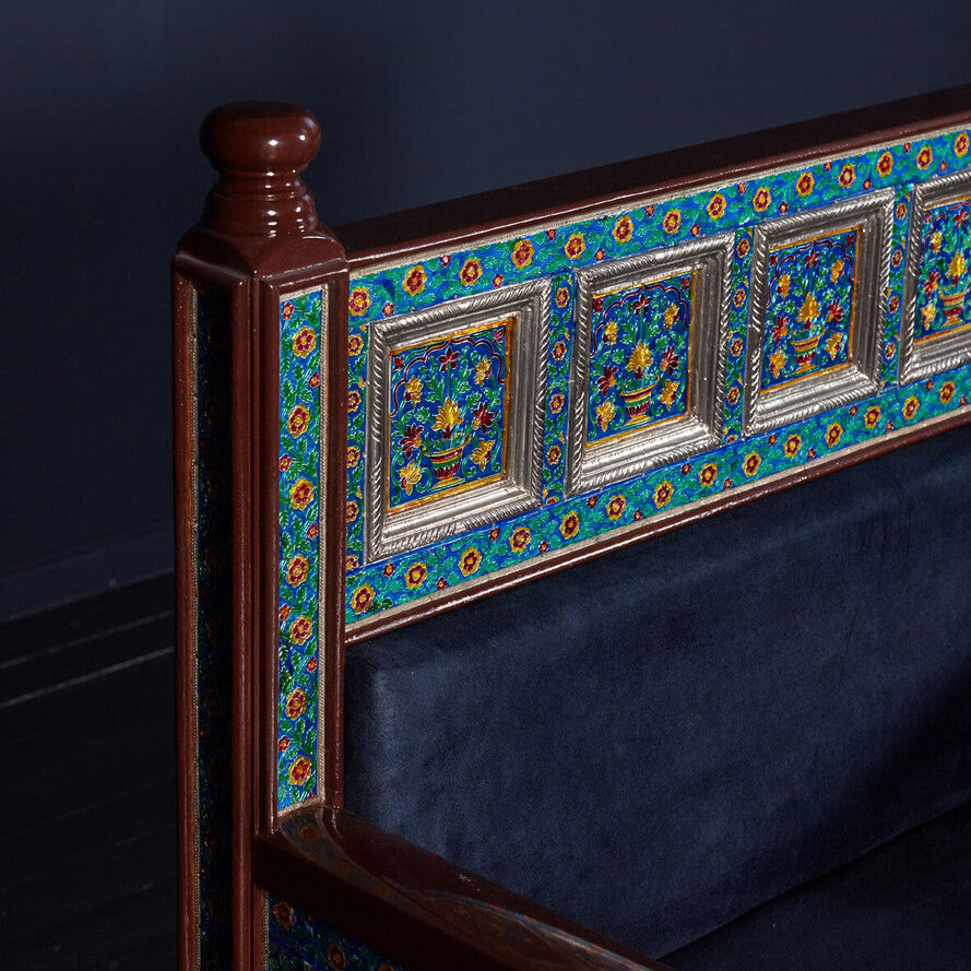 Marrakesh Royal Blue Embossed Armchair - Handcrafted Mango Wood & Metal Throne Chair
