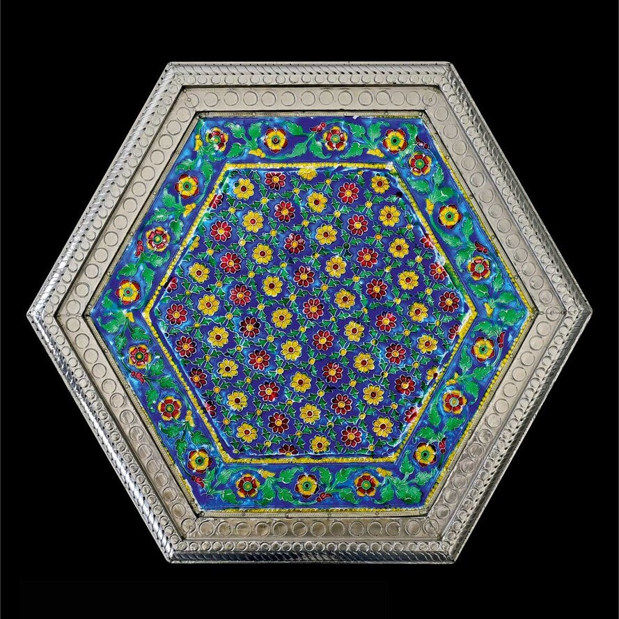 Marrakesh Blue Hexagonal End Table - Hand-Embossed Mango Wood Accent Side Table