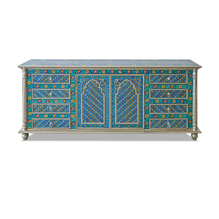 Living Furn India handcrafted large chest of drawers in Marrakesh blue, featuring hand-embossed floral patterns, arched cabinet doors, and a walnut finish mango wood frame, 200x45x91 cm.