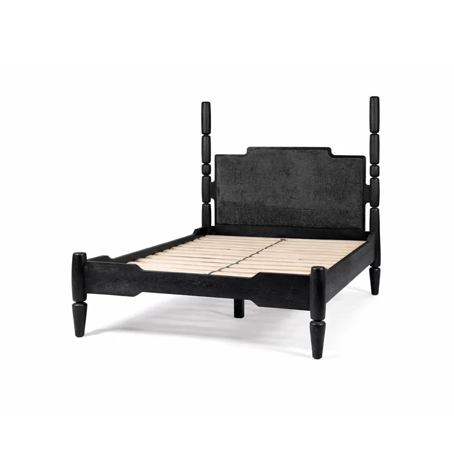 Black Double Bed — mango & Polyester Upholstery, 180 × 200 cm Mattress, 215 × 221 × 158 cm