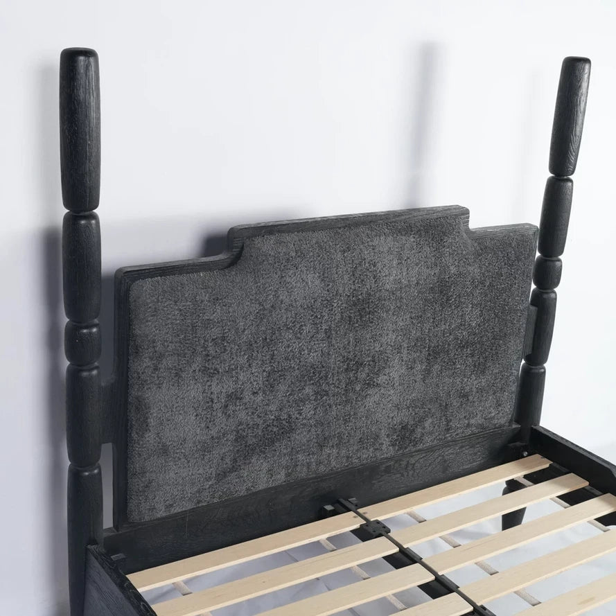 Black Double Bed — mango & Polyester Upholstery, 180 × 200 cm Mattress, 215 × 221 × 158 cm