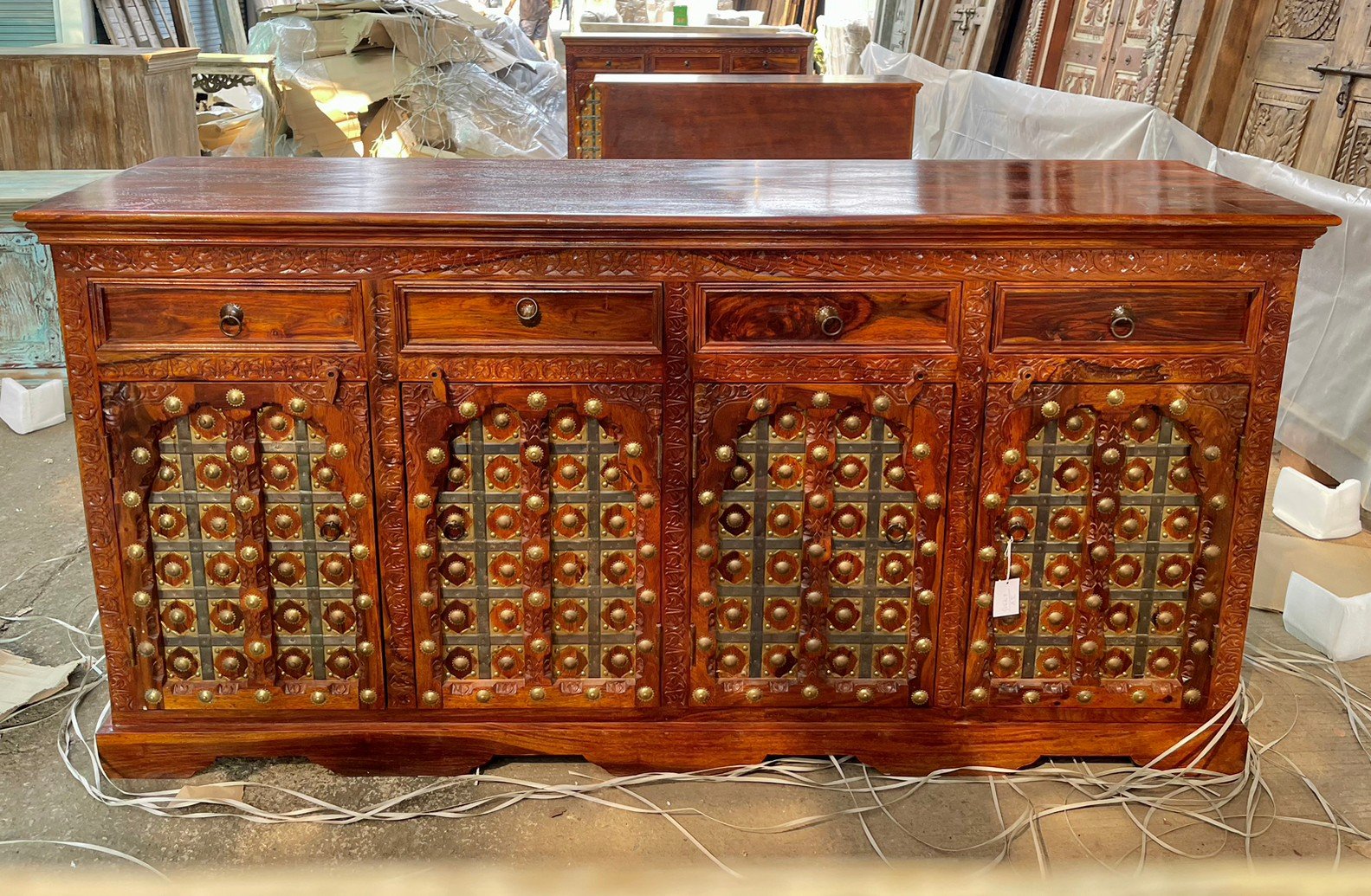 Adorned Brass Wooden Sideboard – Wooden Brass Design Cabinet W180 x D45 x H90 cm - RIVO HOMES