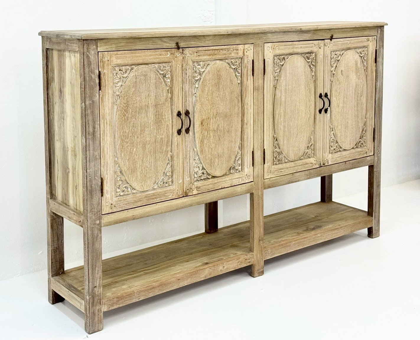 Aethel Cabinet – Four-Door Cabinet with Open Bottom Shelving, Distressed Oval Panel Frames, Weathered Bleached Whitewashed Finish, W189 x D41 x H124 cm - RIVO HOMES