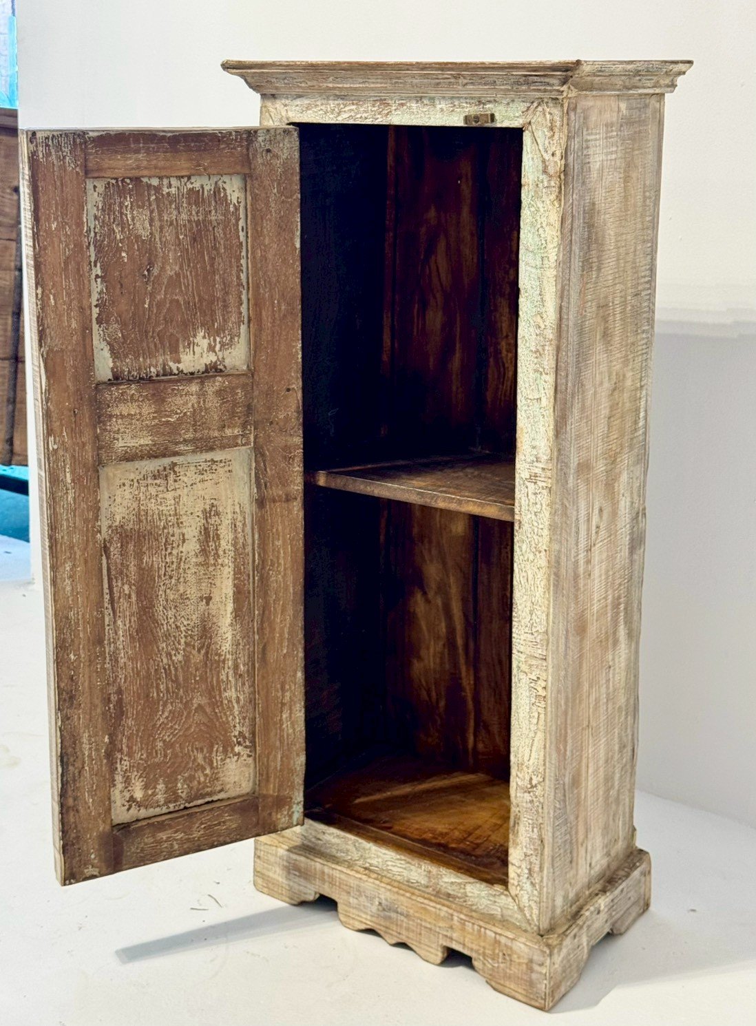 Aged Openwork Carving Cabinet – Distressed Teal Single Door Small Wooden Cabinet W48 x D29 x H108 cm - RIVO HOMES