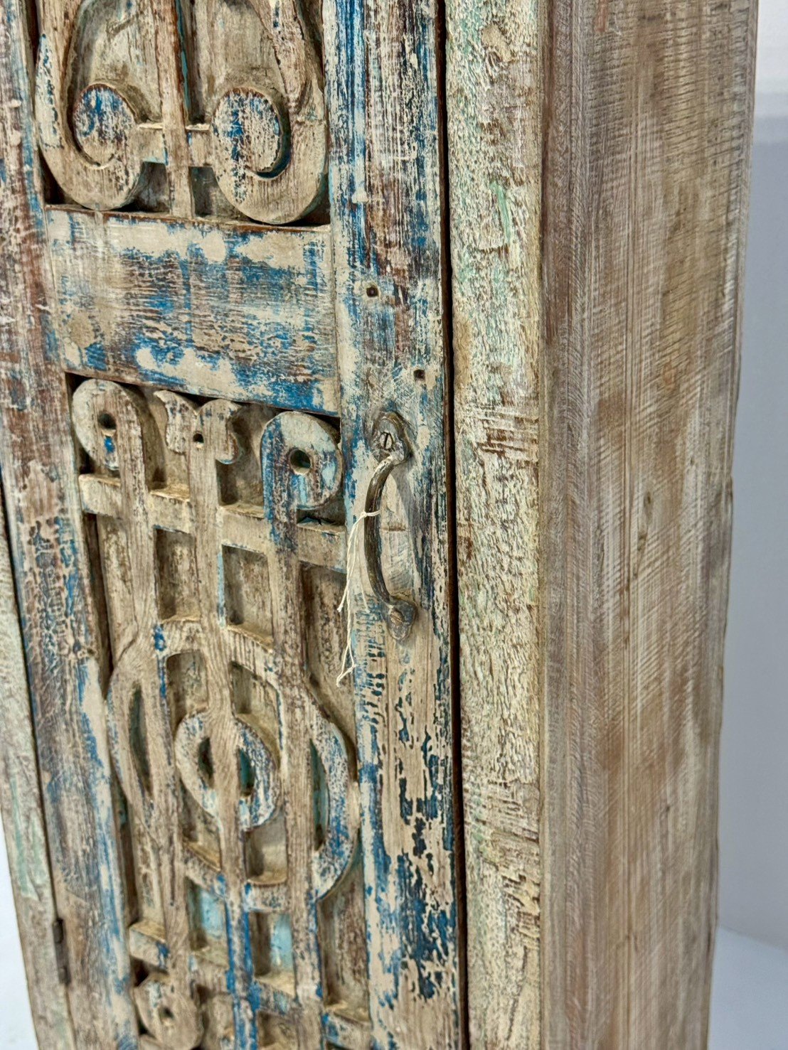 Aged Openwork Carving Cabinet – Distressed Teal Single Door Small Wooden Cabinet W48 x D29 x H108 cm - RIVO HOMES