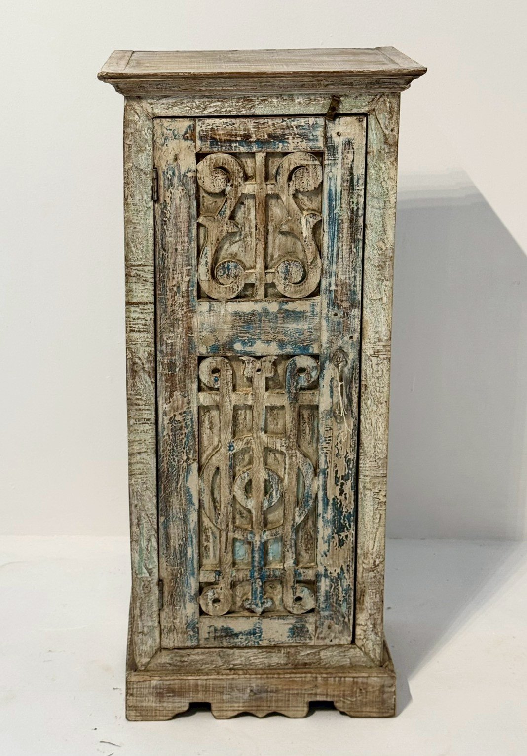 Aged Openwork Carving Cabinet – Distressed Teal Single Door Small Wooden Cabinet W48 x D29 x H108 cm - RIVO HOMES