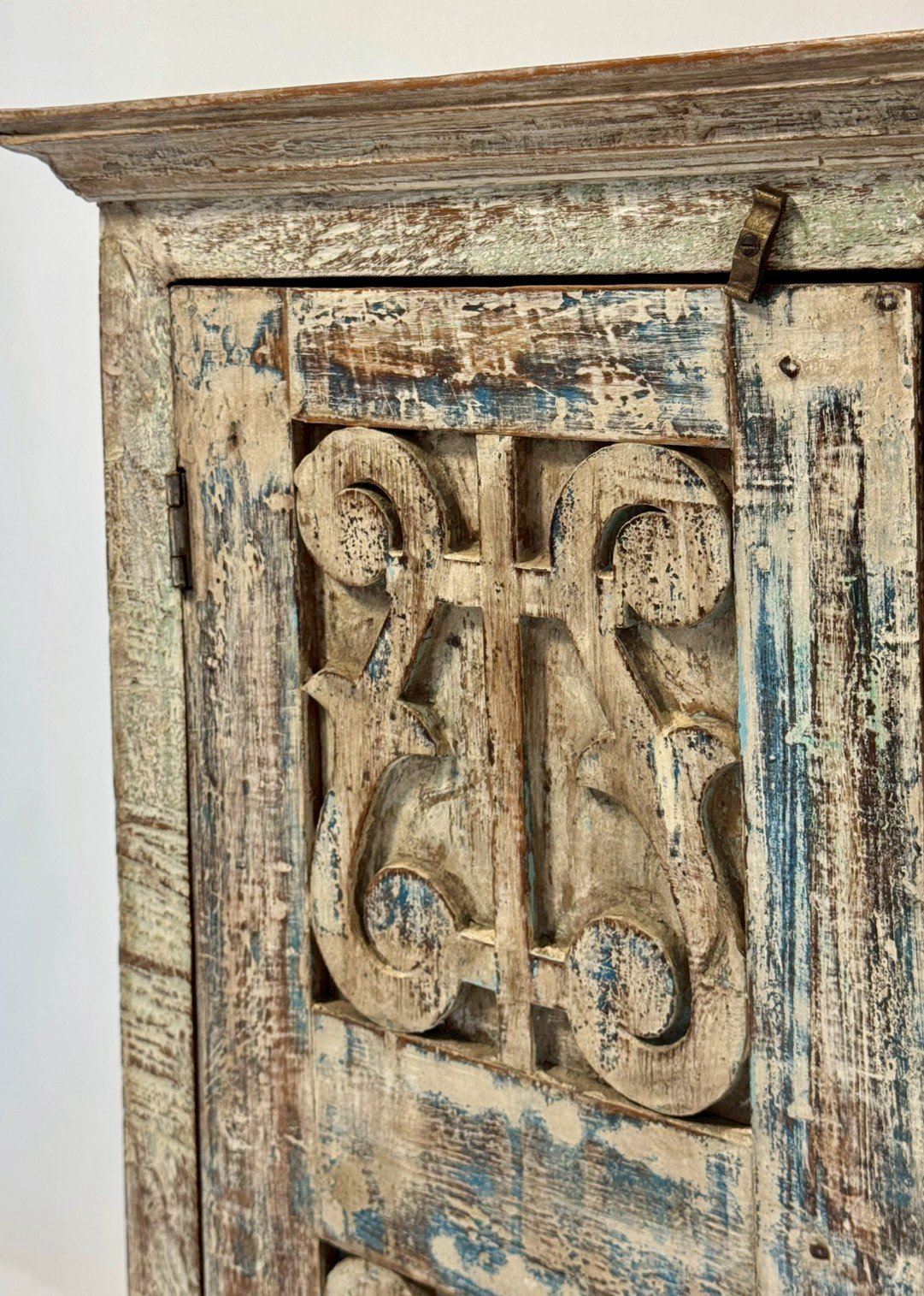 Aged Openwork Carving Cabinet – Distressed Teal Single Door Small Wooden Cabinet W48 x D29 x H108 cm - RIVO HOMES