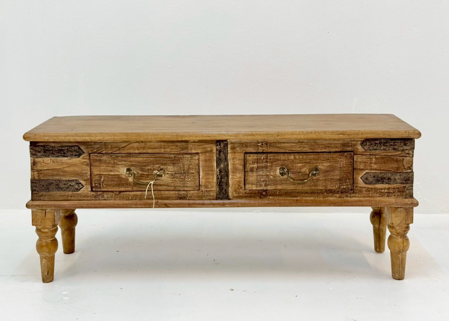 Antique Coffee Table – 109 cm Rustic Slim-Profile Rectangular Table with Time-Worn Texture, Turned Baluster Legs, Metal Accents, Faux-Drawer Facade - RIVO HOMES
