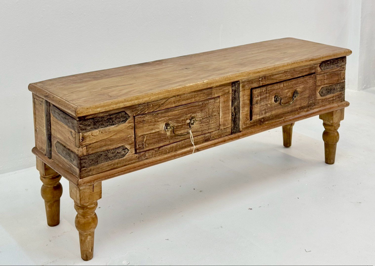 Antique Coffee Table – 109 cm Rustic Slim-Profile Rectangular Table with Time-Worn Texture, Turned Baluster Legs, Metal Accents, Faux-Drawer Facade - RIVO HOMES