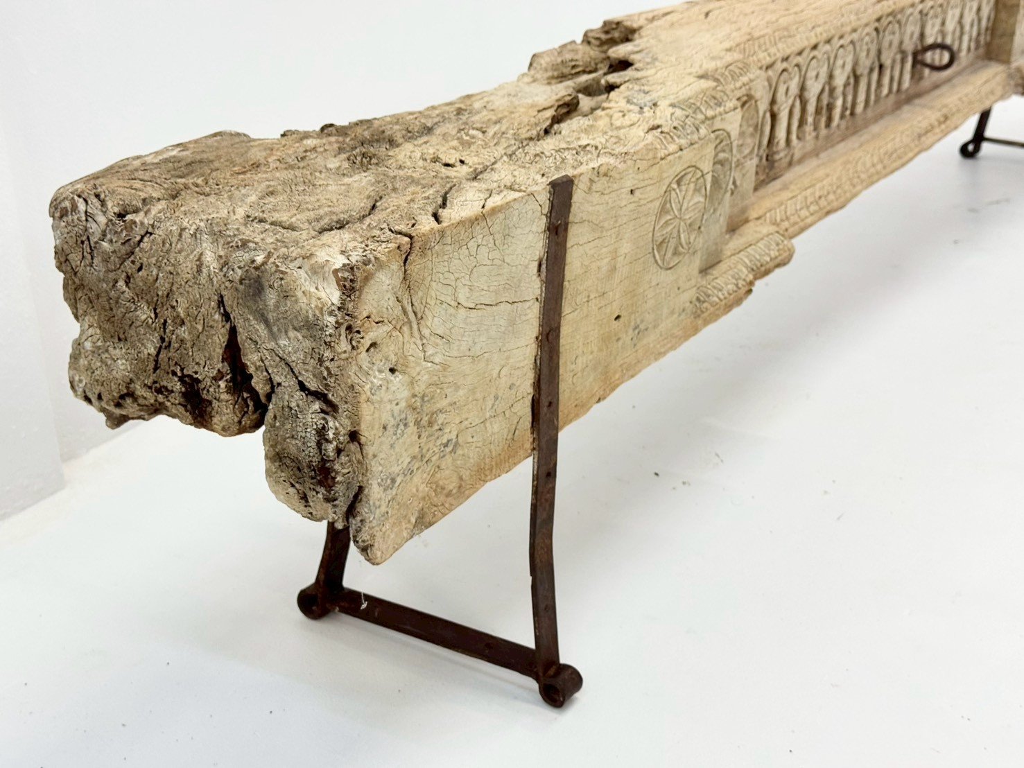 Antique Console Table – Salvaged Weathered Wood with Light-Washed Patina, Black Iron Metal Legs, Geometric Carvings, Rustic Industrial Accent (244 × 25 × 45 cm - RIVO HOMES
