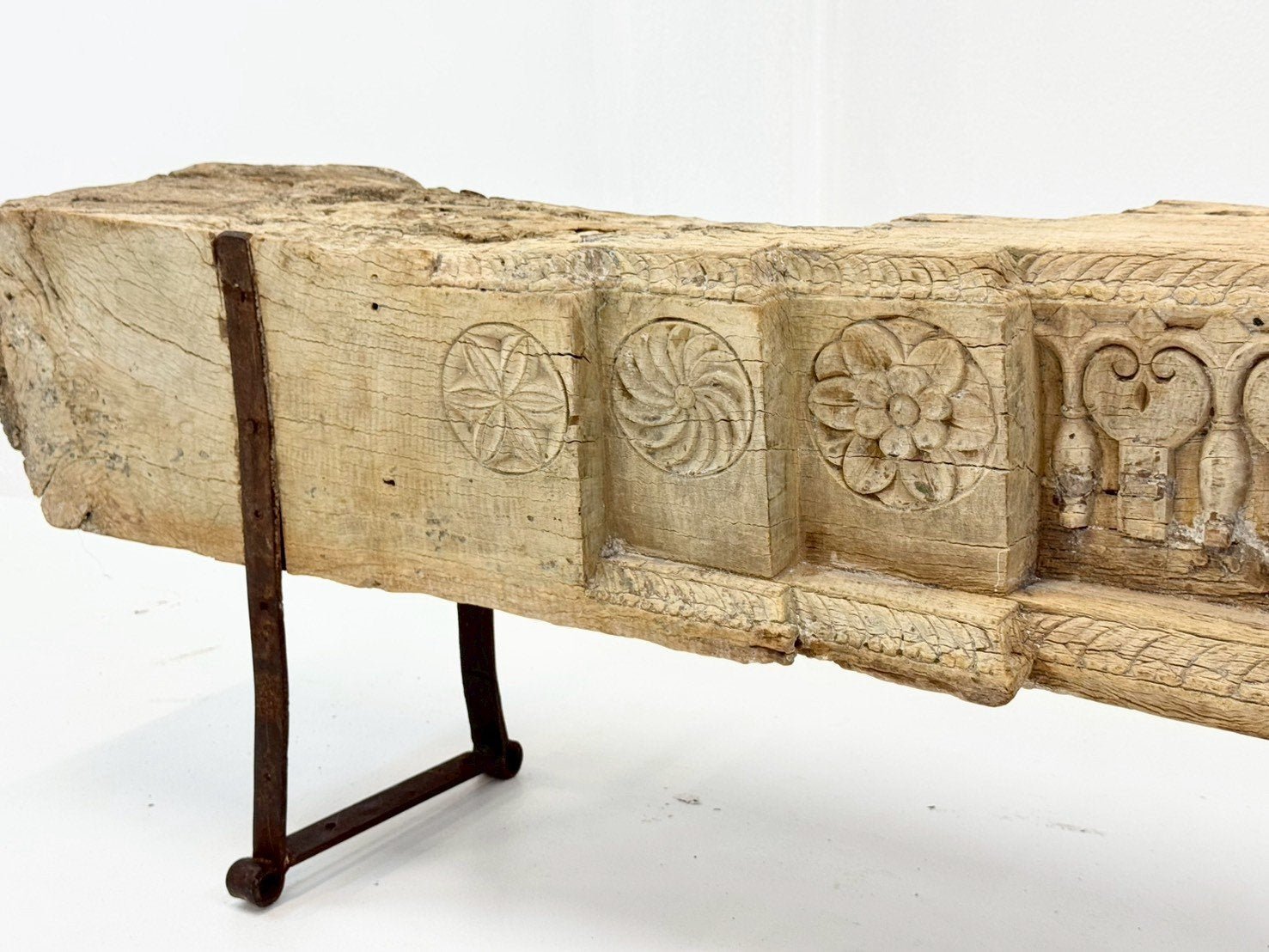 Antique Console Table – Salvaged Weathered Wood with Light-Washed Patina, Black Iron Metal Legs, Geometric Carvings, Rustic Industrial Accent (244 × 25 × 45 cm - RIVO HOMES