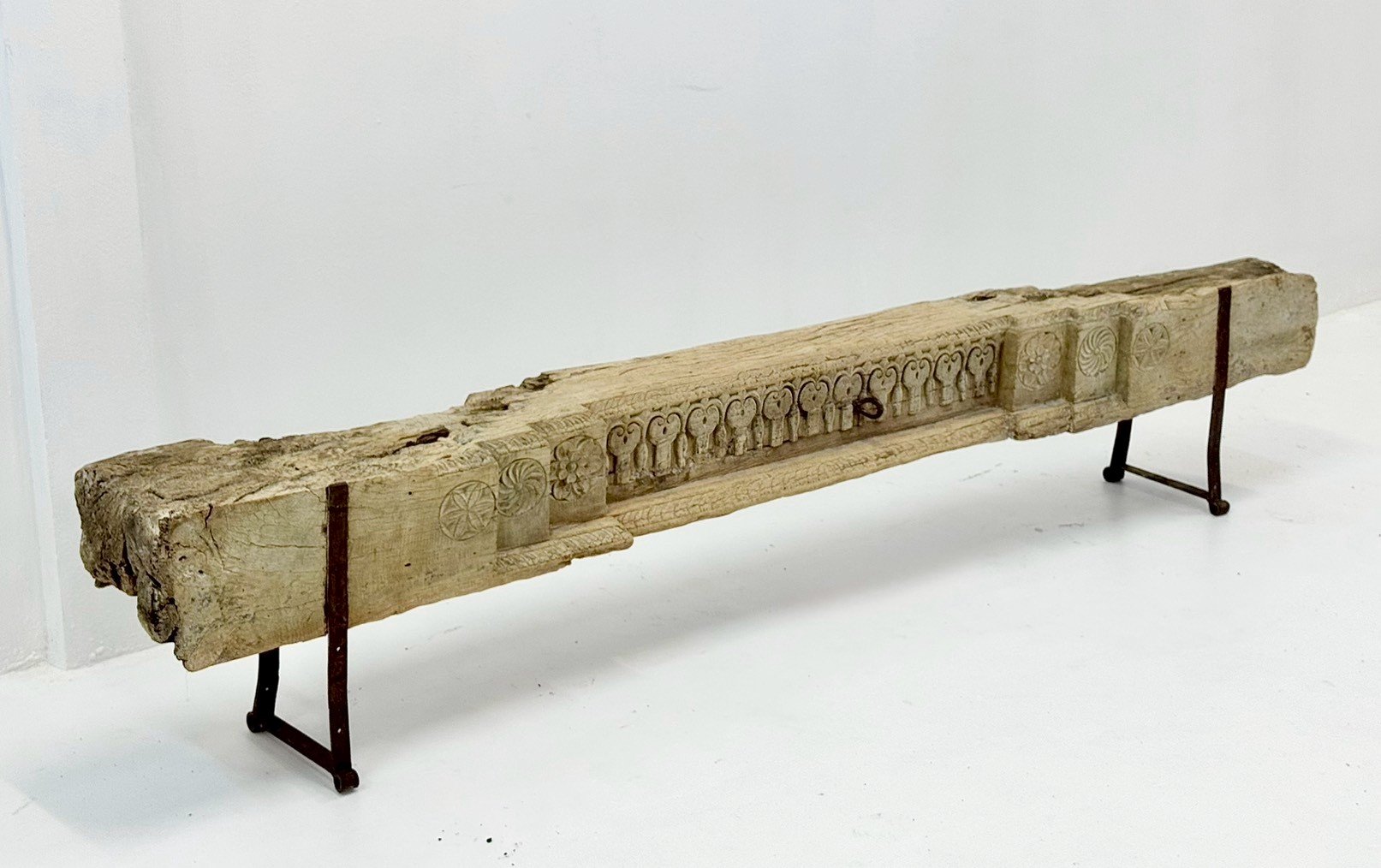 Antique Console Table – Salvaged Weathered Wood with Light-Washed Patina, Black Iron Metal Legs, Geometric Carvings, Rustic Industrial Accent (244 × 25 × 45 cm - RIVO HOMES