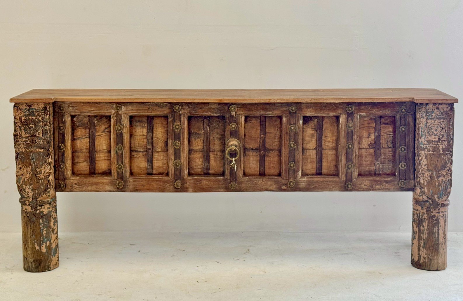Antique Wooden Console Table – Rustic Rajasthani Design Table with Carved Front Panels W226 x D42 x H90 cm - RIVO HOMES