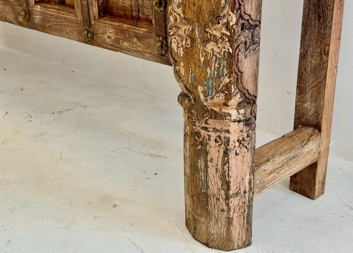 Antique Wooden Console Table – Rustic Rajasthani Design Table with Carved Front Panels W226 x D42 x H90 cm - RIVO HOMES