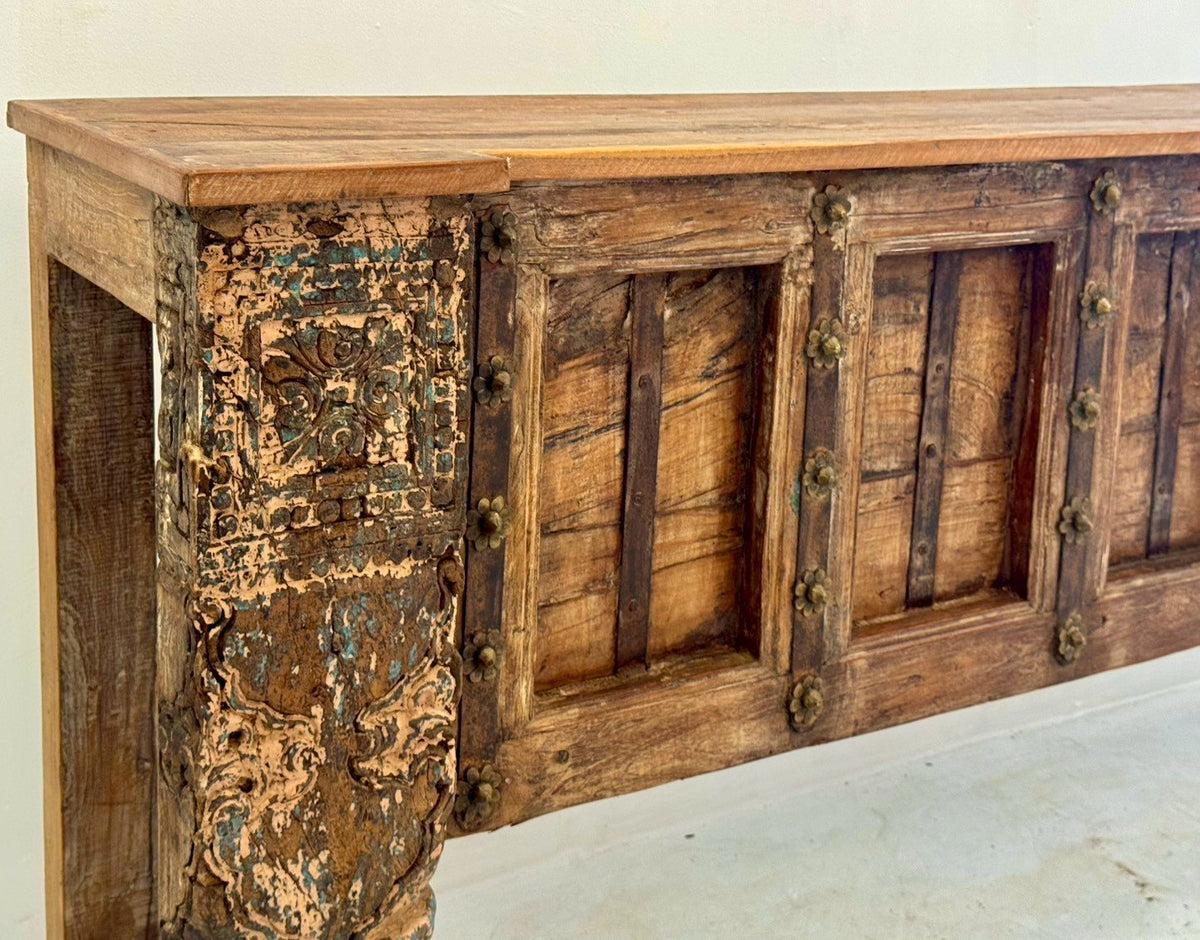 Antique Wooden Console Table – Rustic Rajasthani Design Table with Carved Front Panels W226 x D42 x H90 cm - RIVO HOMES