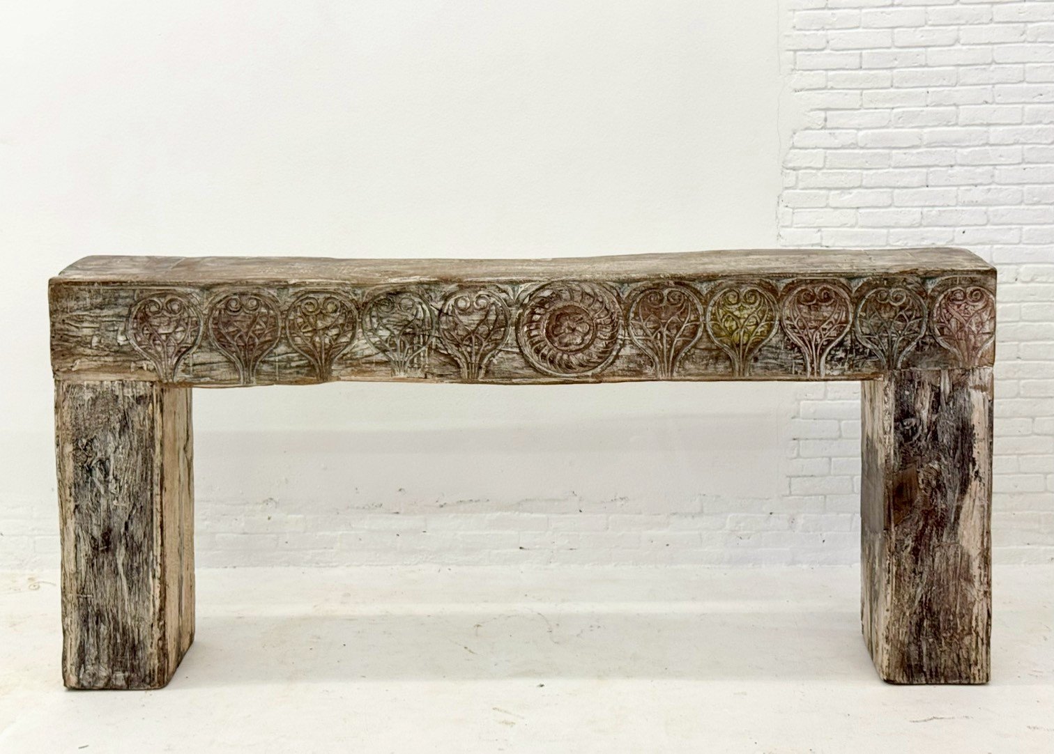Baffle Antique Console Table – Slim Wooden Console Table with Carved Front and Rustic Finish W177 × D26 × H82 cm - RIVO HOMES