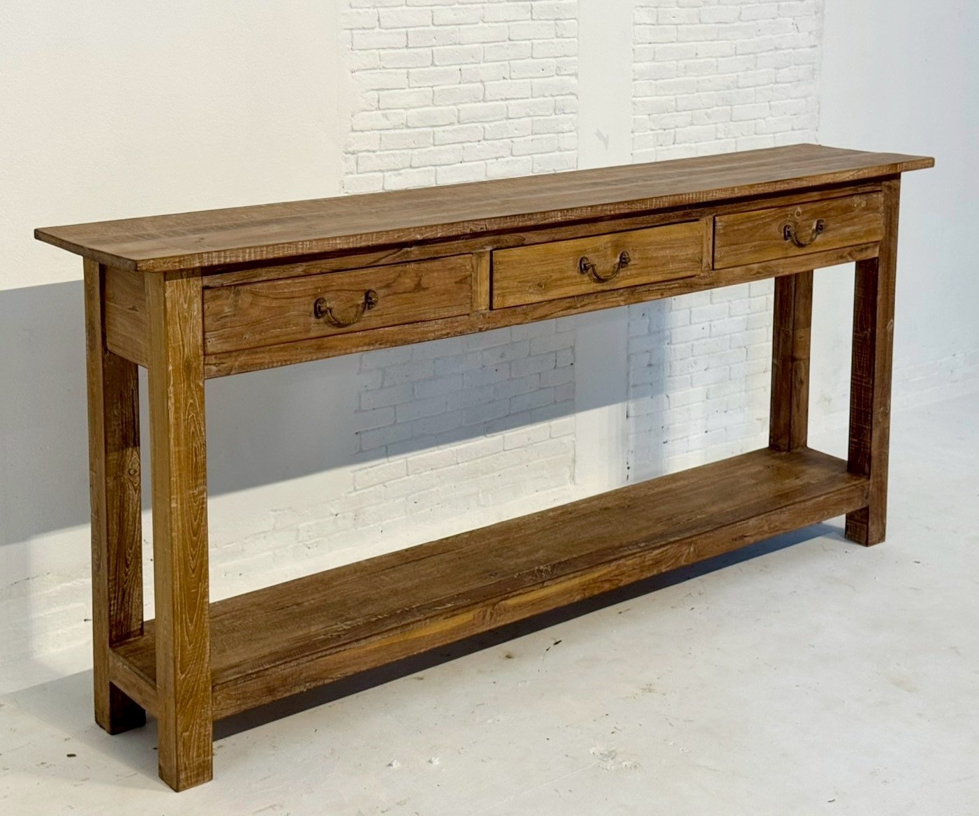 Bankim Wooden Console Table – Rustic Antique Console with 3 Drawers and Open Shelf W197 x D38 x H91 cm - RIVO HOMES