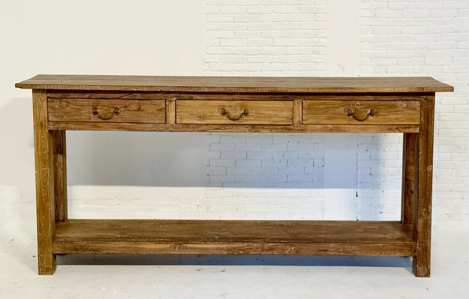 Bankim Wooden Console Table – Rustic Antique Console with 3 Drawers and Open Shelf W197 x D38 x H91 cm - RIVO HOMES