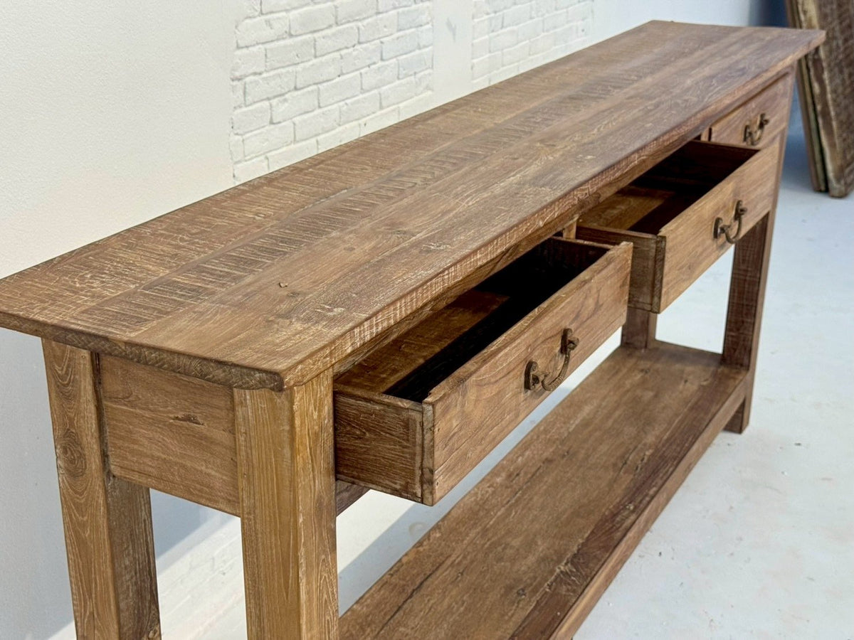 Bankim Wooden Console Table – Rustic Antique Console with 3 Drawers and Open Shelf W197 x D38 x H91 cm - RIVO HOMES
