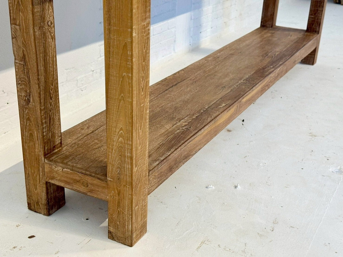 Bankim Wooden Console Table – Rustic Antique Console with 3 Drawers and Open Shelf W197 x D38 x H91 cm - RIVO HOMES