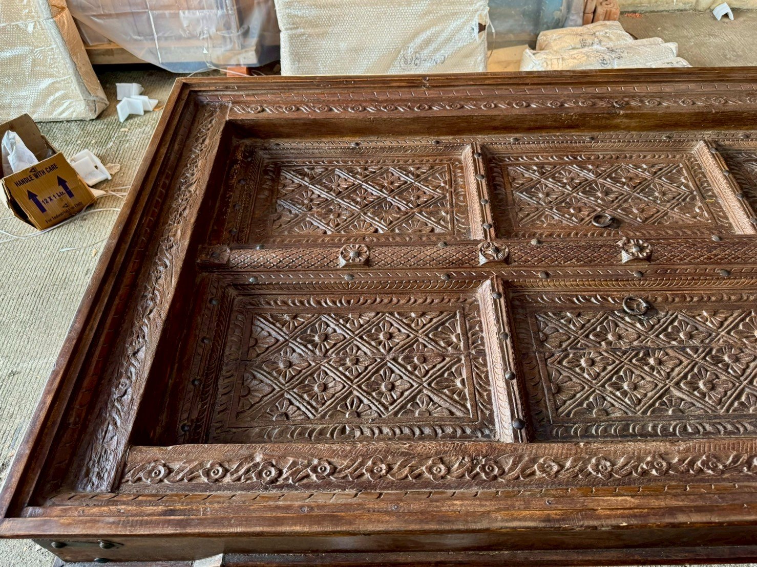 Banquet Carved Dining Table – Carved Dining Table with Repurposed Antique Door Construction W220 x D118 x H80 cm - RIVO HOMES